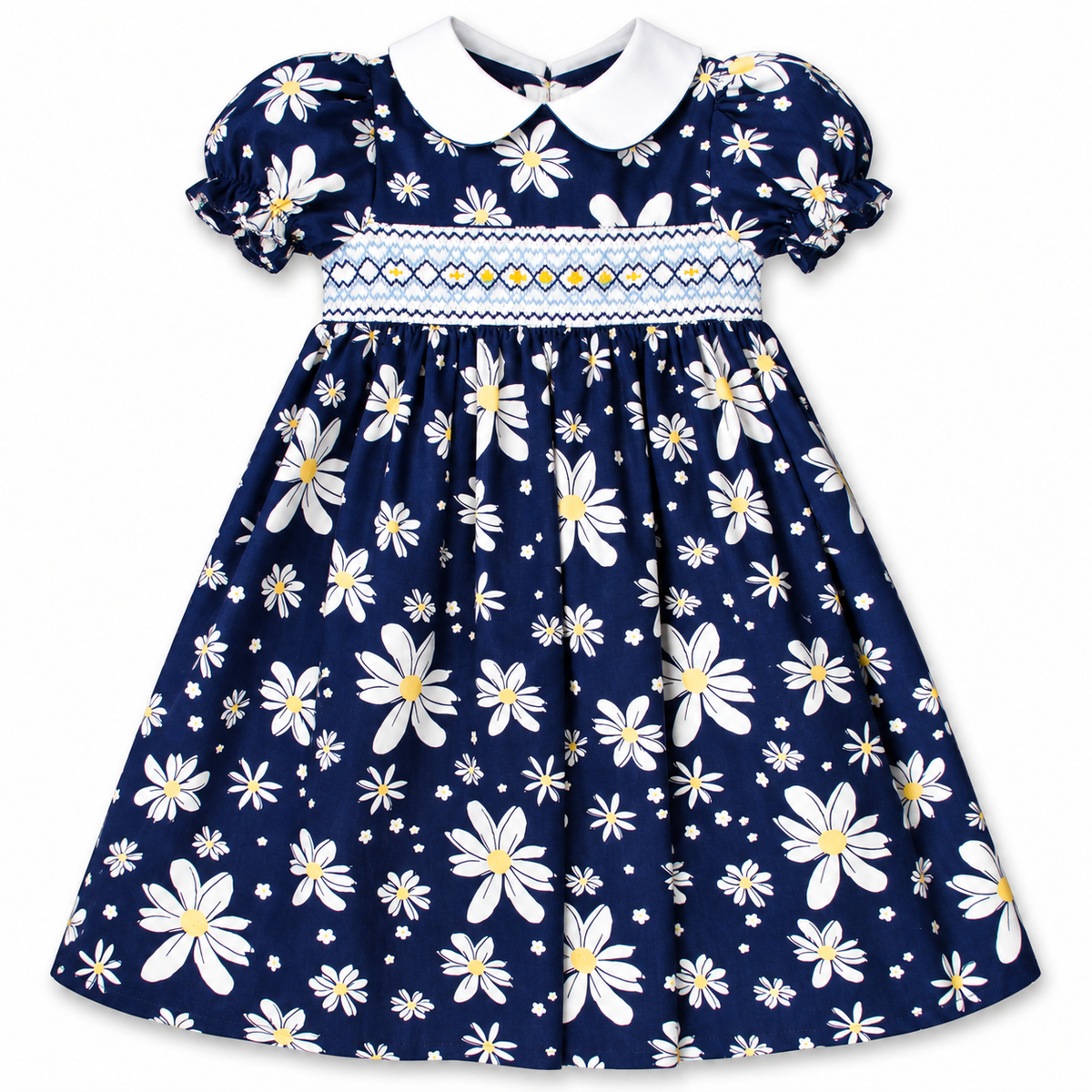 Navy Blue Floral English Smocked 100% Cotton Baby Dress