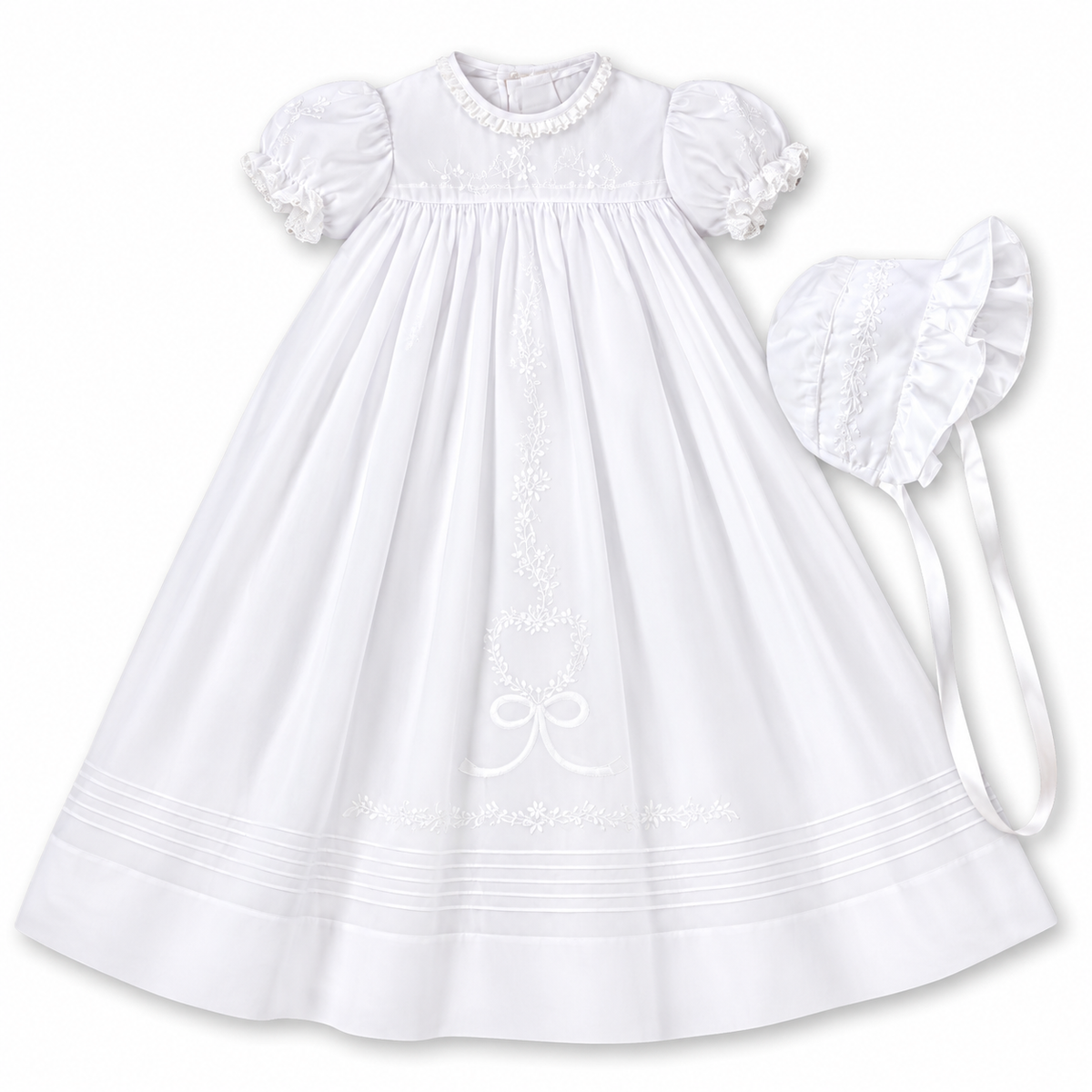 Heart & Bow White Christening Gown with Bonnet & Slip