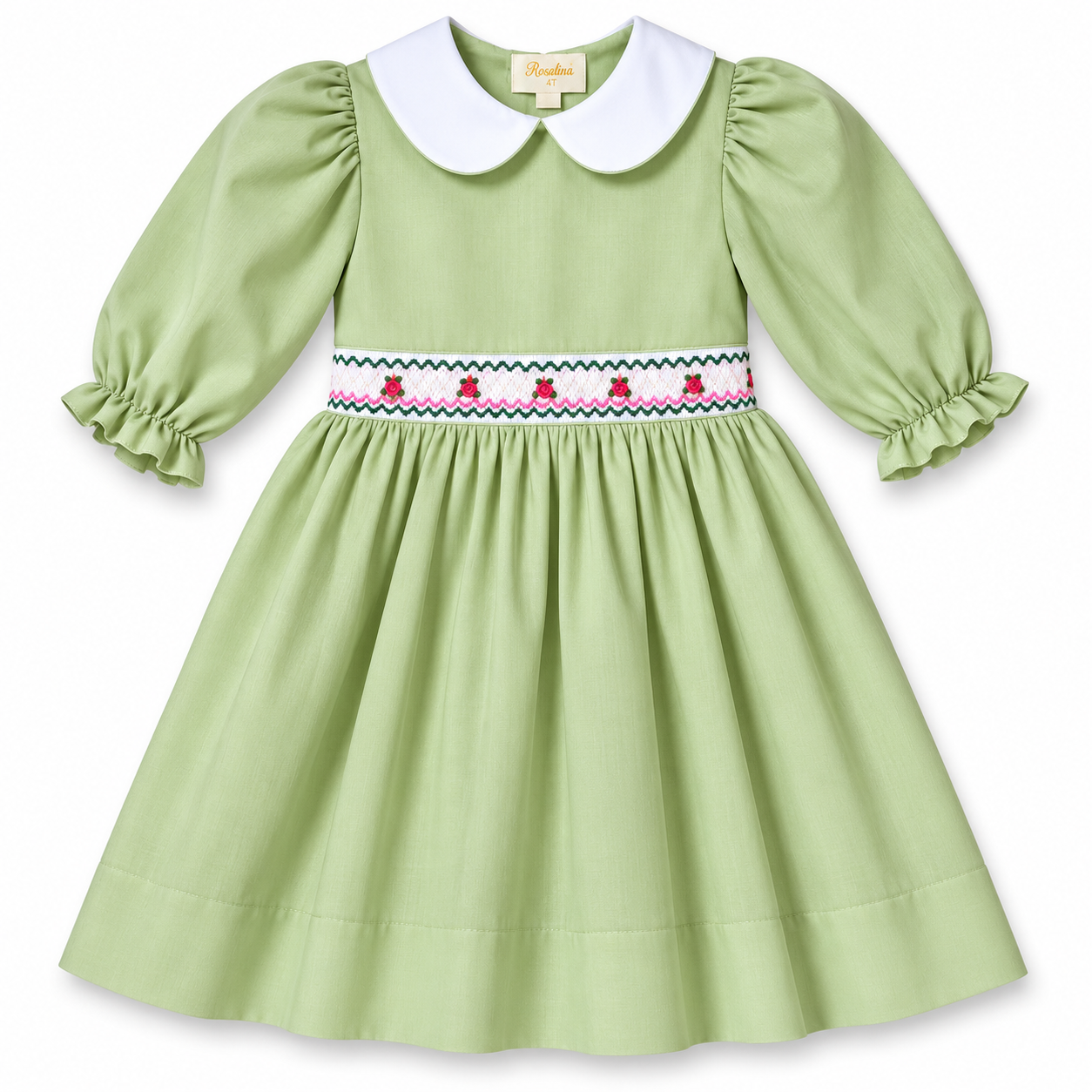 green dress with peter pan collar Elena Moss 3/4 Sleeve Smocked Baby w/Peter – Rosalina Baby Boutique Midi dresses