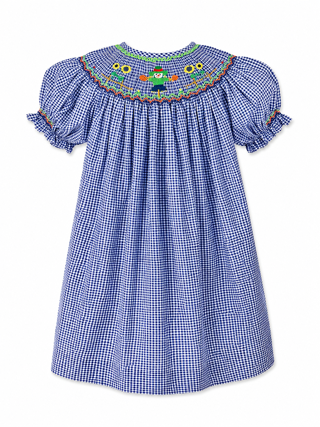 Scarecrow & Sunflower Smocked Navy Gingham Bishop Dress #10053A