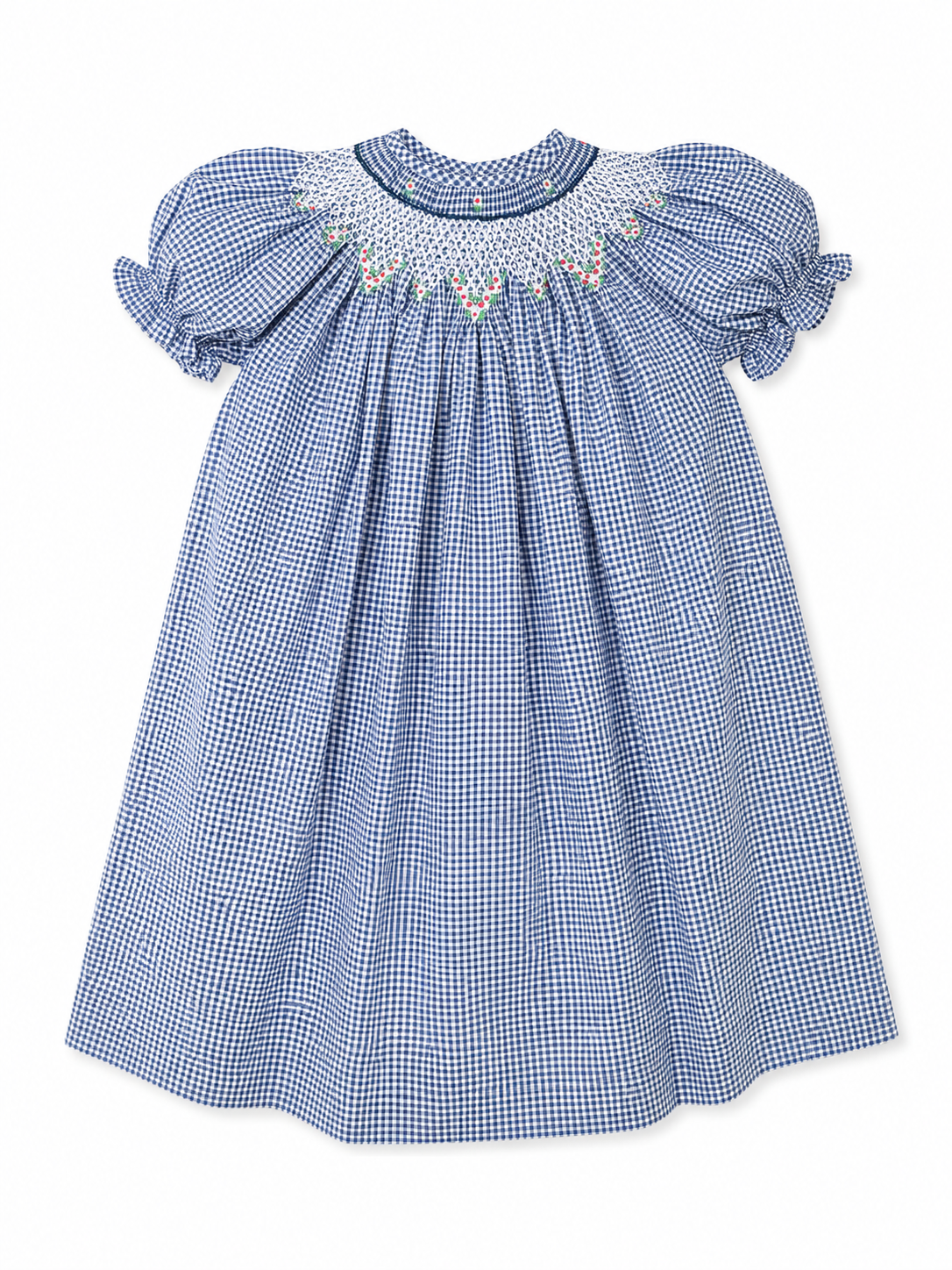 A blue and white gingham baby dress with puff sleeves, a smocked bodice, and delicate floral embroidery around the neckline, shown against a plain white background.
