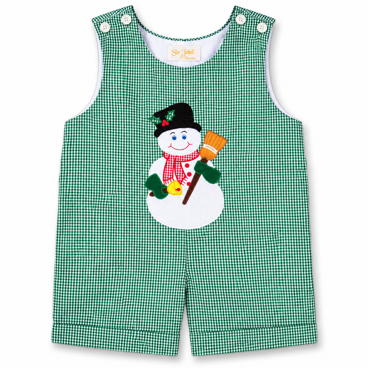 Jolly Snowman Green Gingham Romper with Pockets