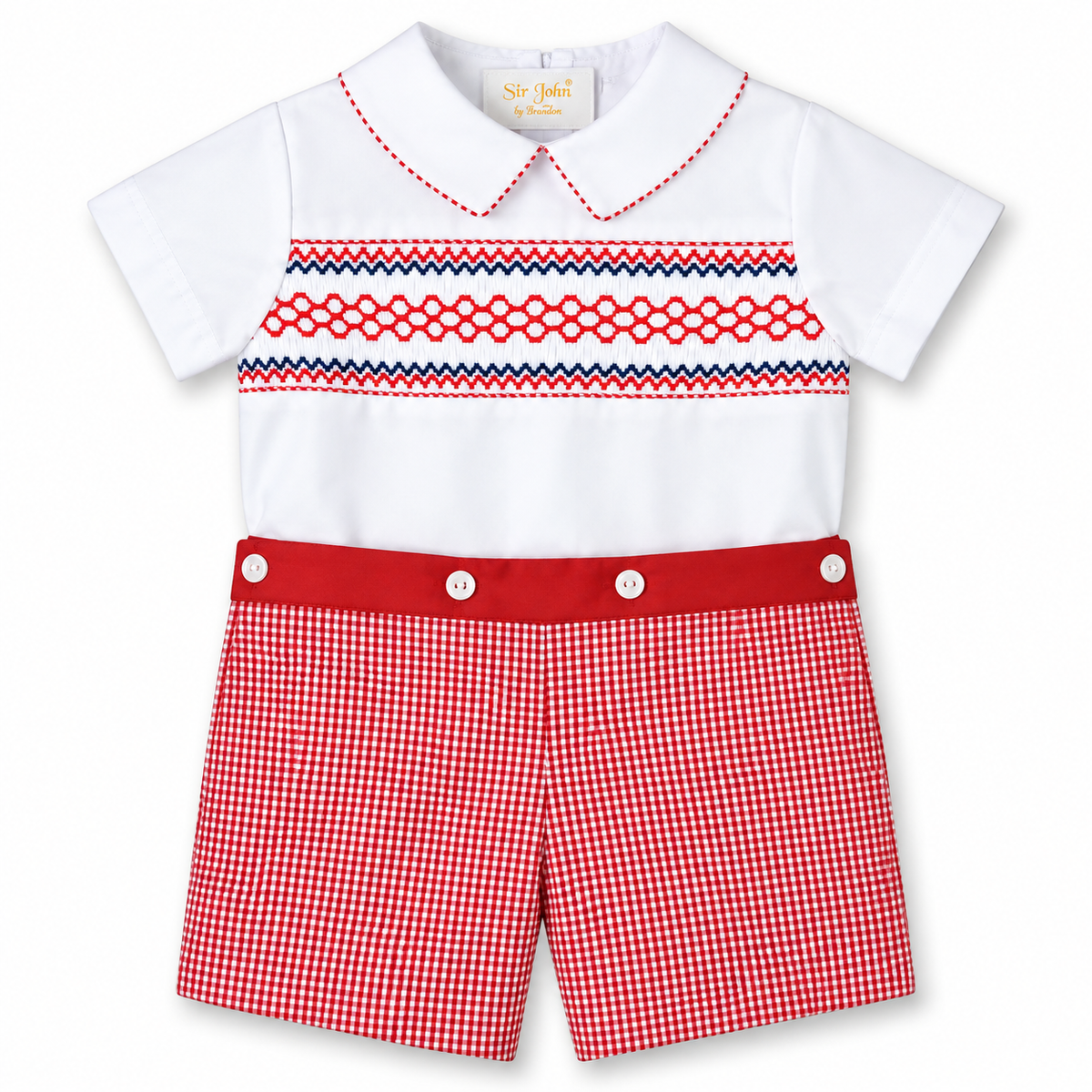 Patriot White Red Gingham Button-On Smocked Short Set