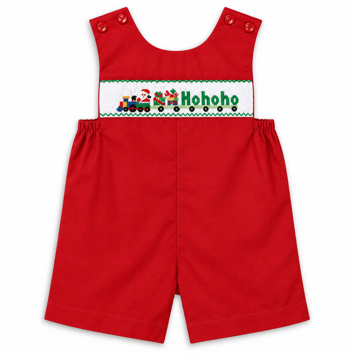 Santa HO HO HO Train Red Smocked Romper