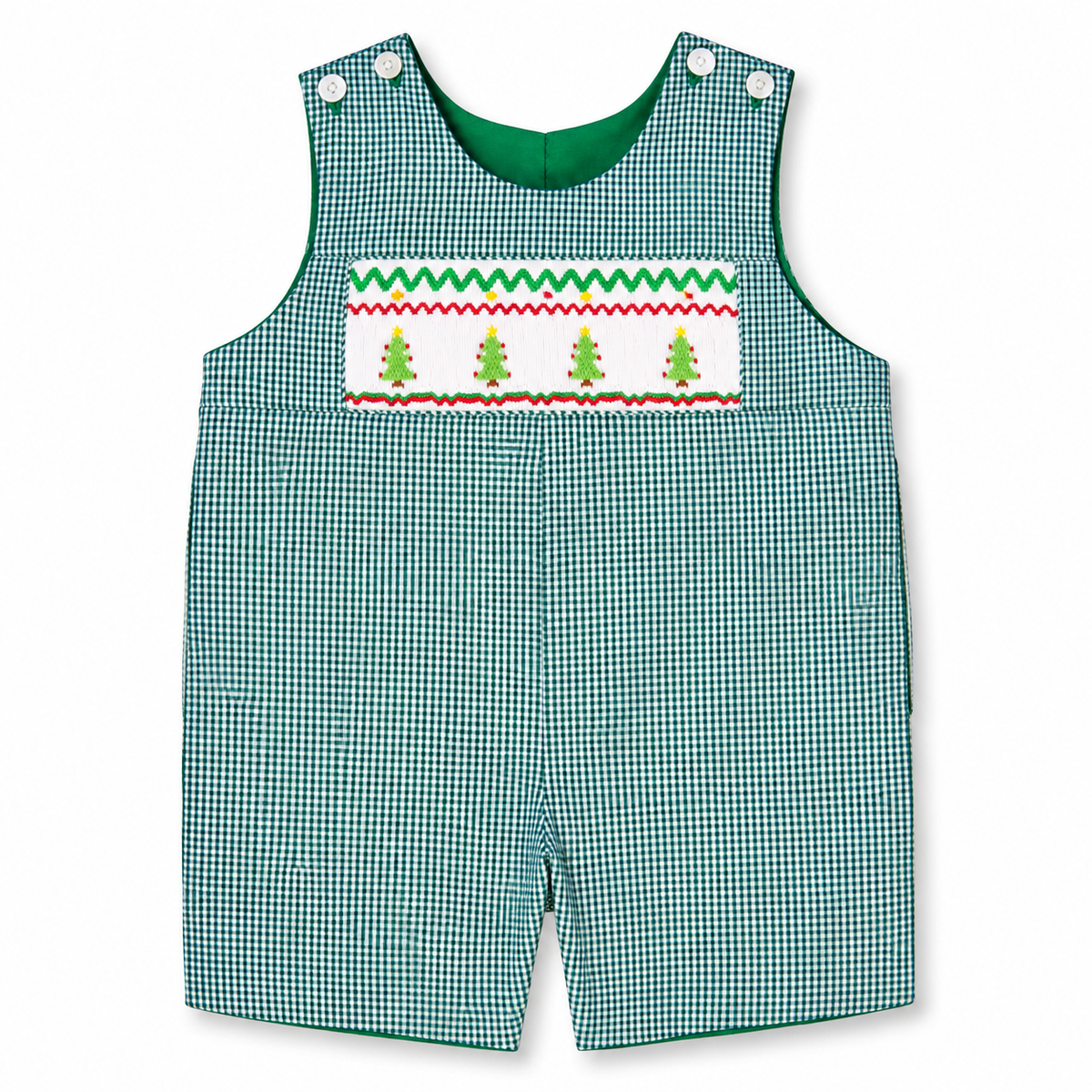 Christmas Trees Green Gingham Reversible Smocked Romper