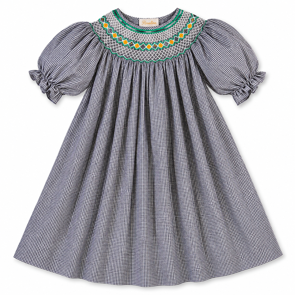 Rosebuds Black Gingham Smocked 3/4 Sleeve Bishop