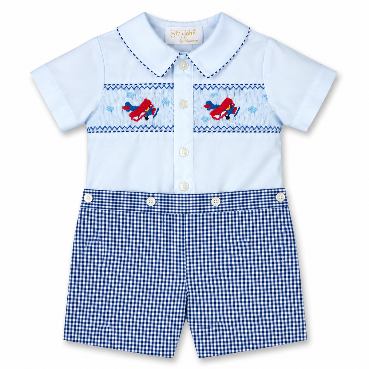 Airplanes Light Blue & Navy Gingham Smocked Button-On Short Set