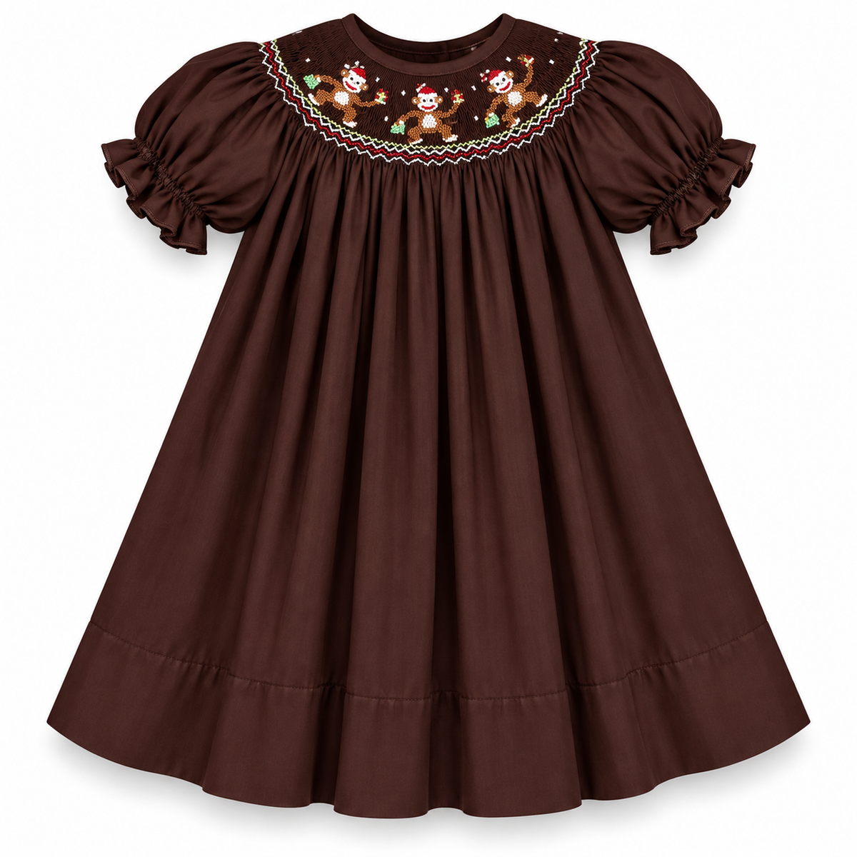Christmas Monkeys Dark Brown Smocked Bishop