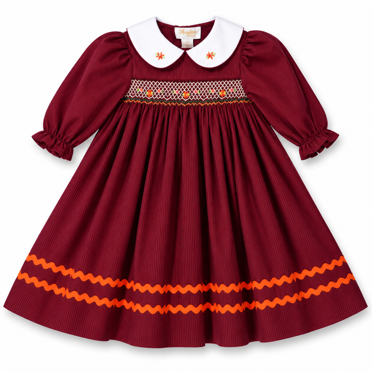 Eleanor Maroon Striped 3/4 Sleeve Smocked Baby Dress w/Peter Pan Collar & RicRac