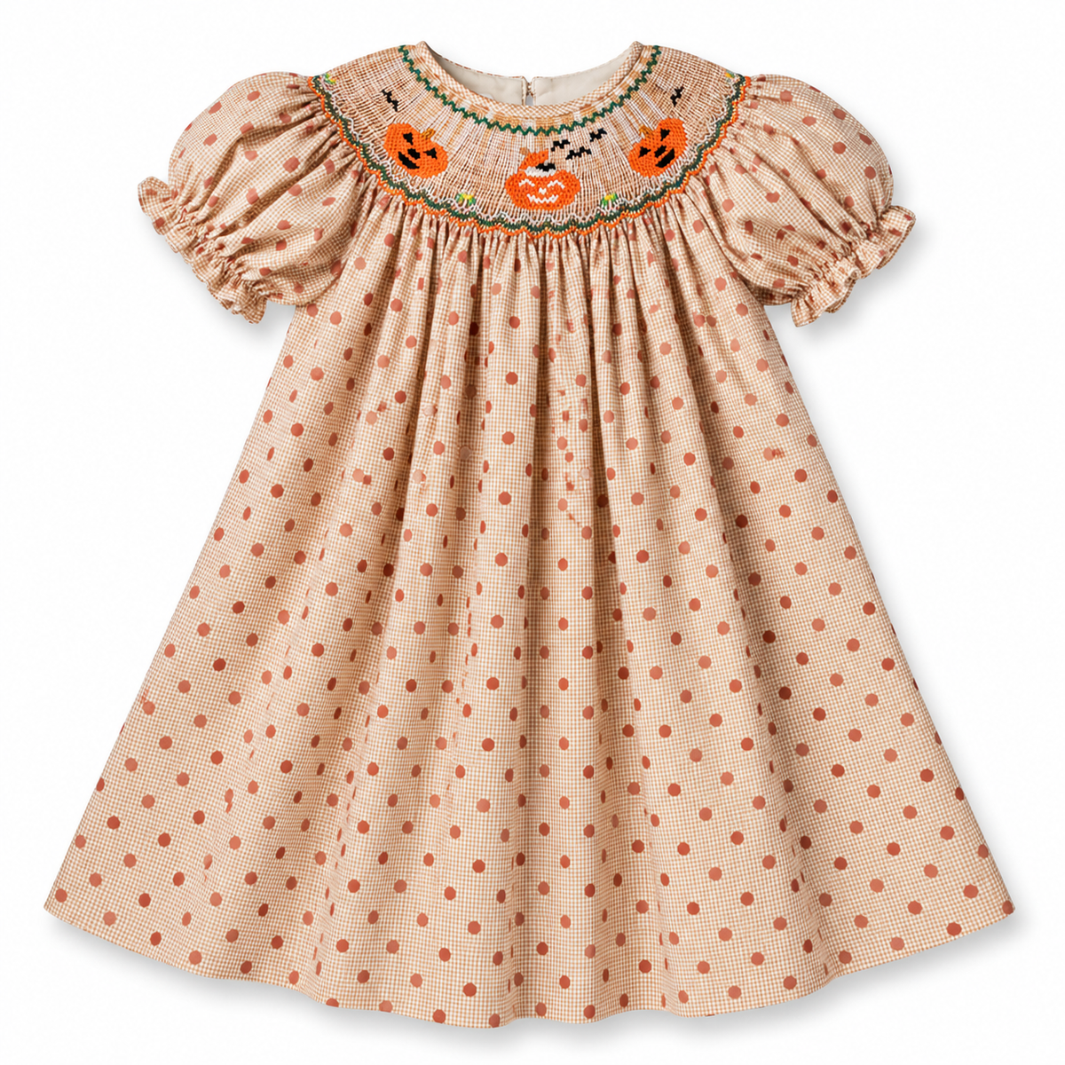 Jack-o'-lanterns Brown Gingham Polka Dot Smocked Bishop