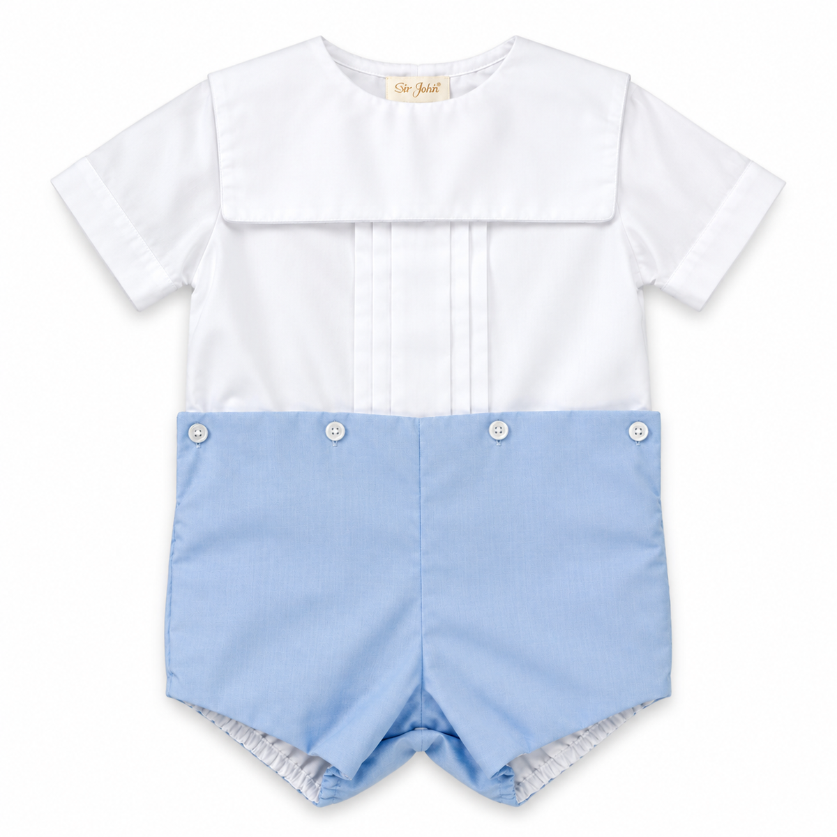 White & Blue Square Collar Button-On Short Set