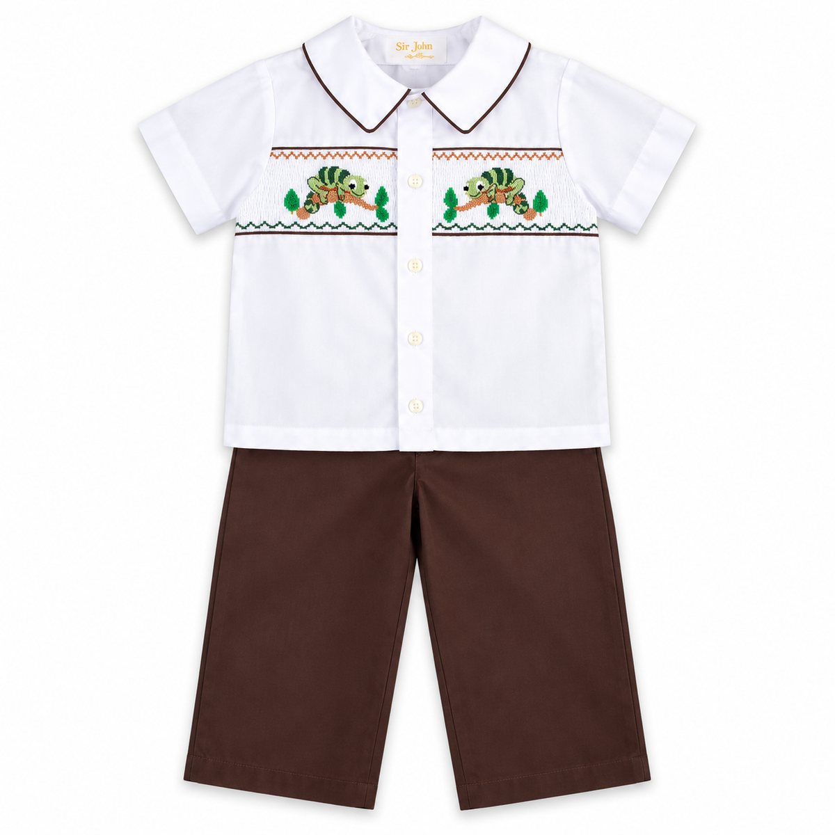 Chameleon Green Lizard Brown/White Smocked Pants Set