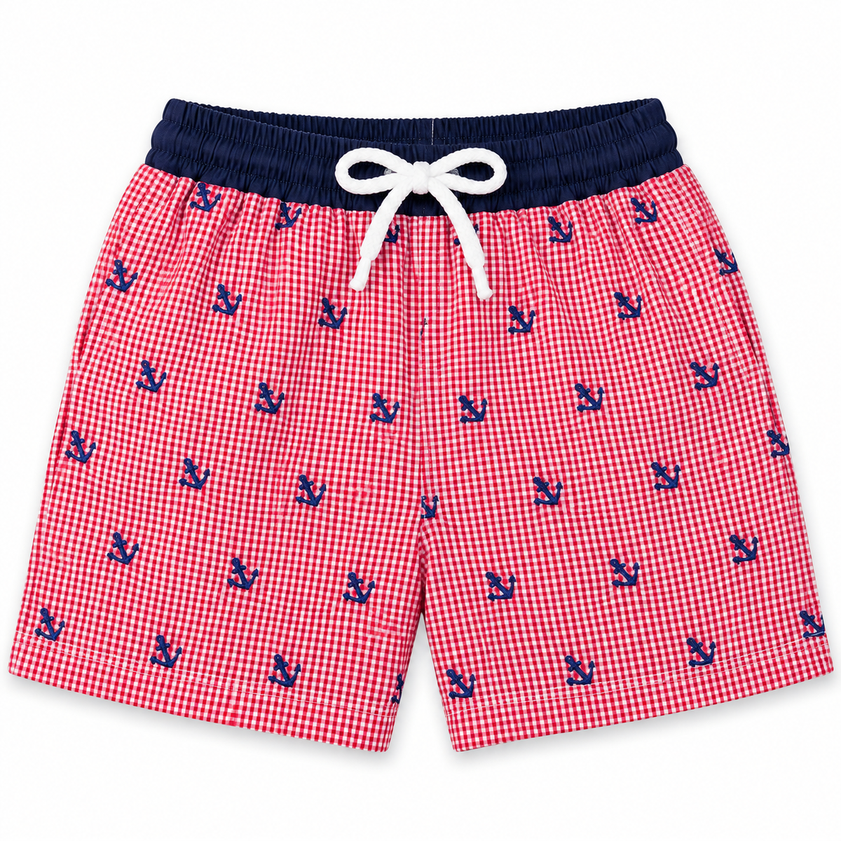 Navy Anchors Red Gingham Embroidered Boy Swim Shorts