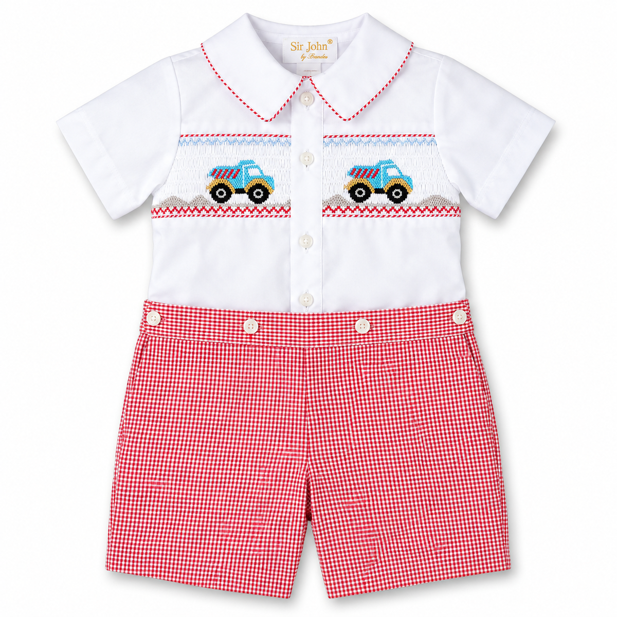 Dump Trucks Wht/Red Gingham Smocked Button-On Short Set