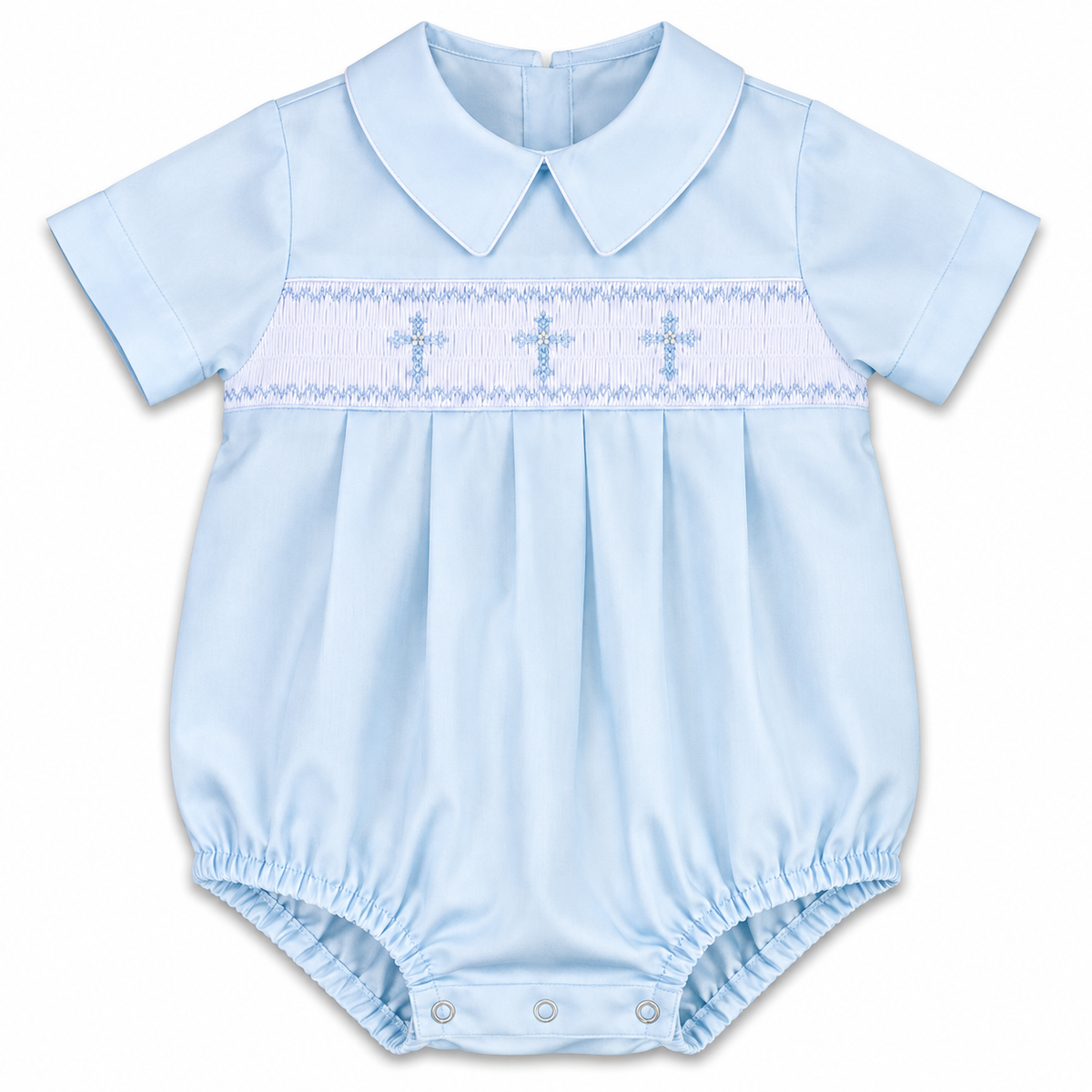 Three Crosses Light Blue Smocked Boy Bubble