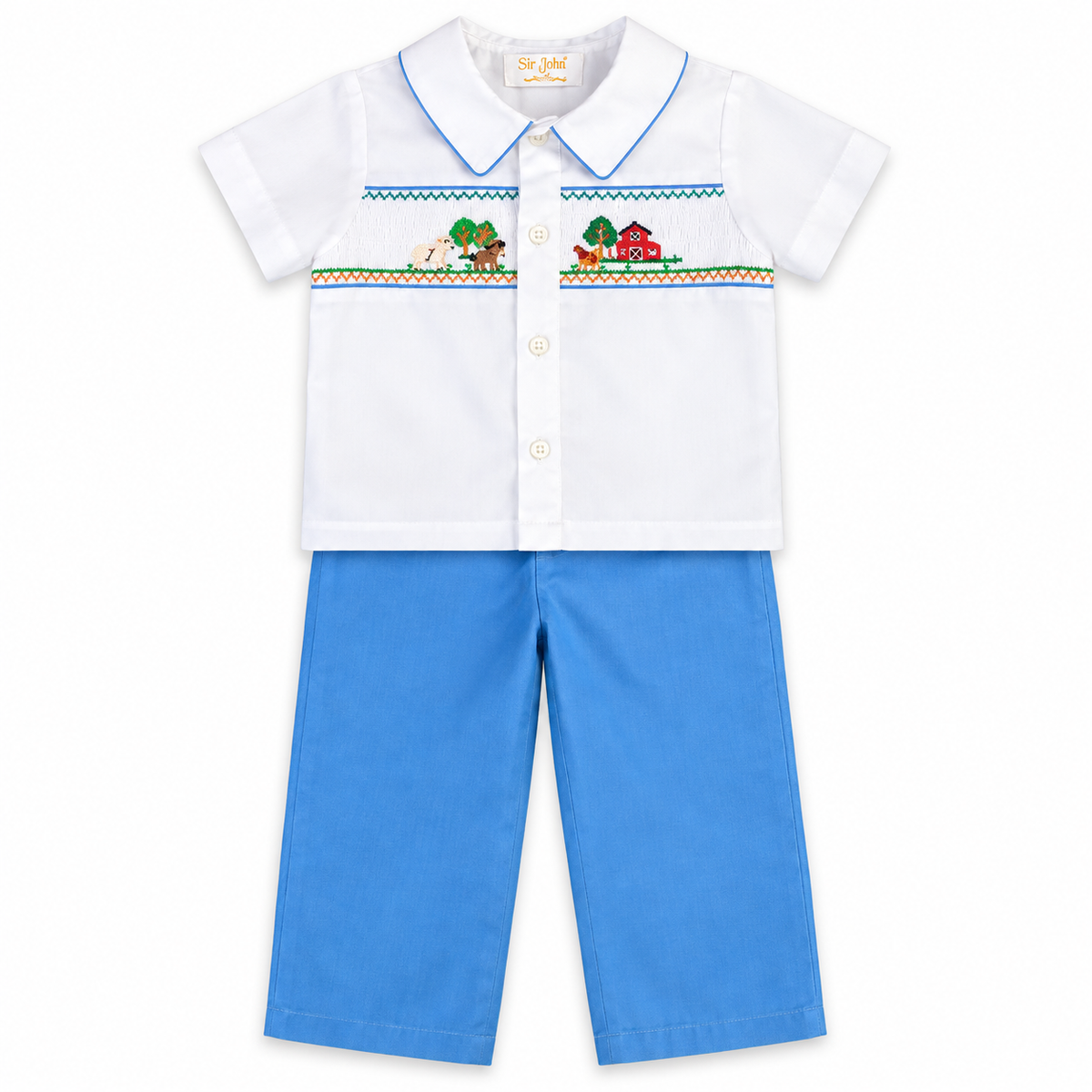 Happy Farm Med. Blue /White Smocked Pants Set