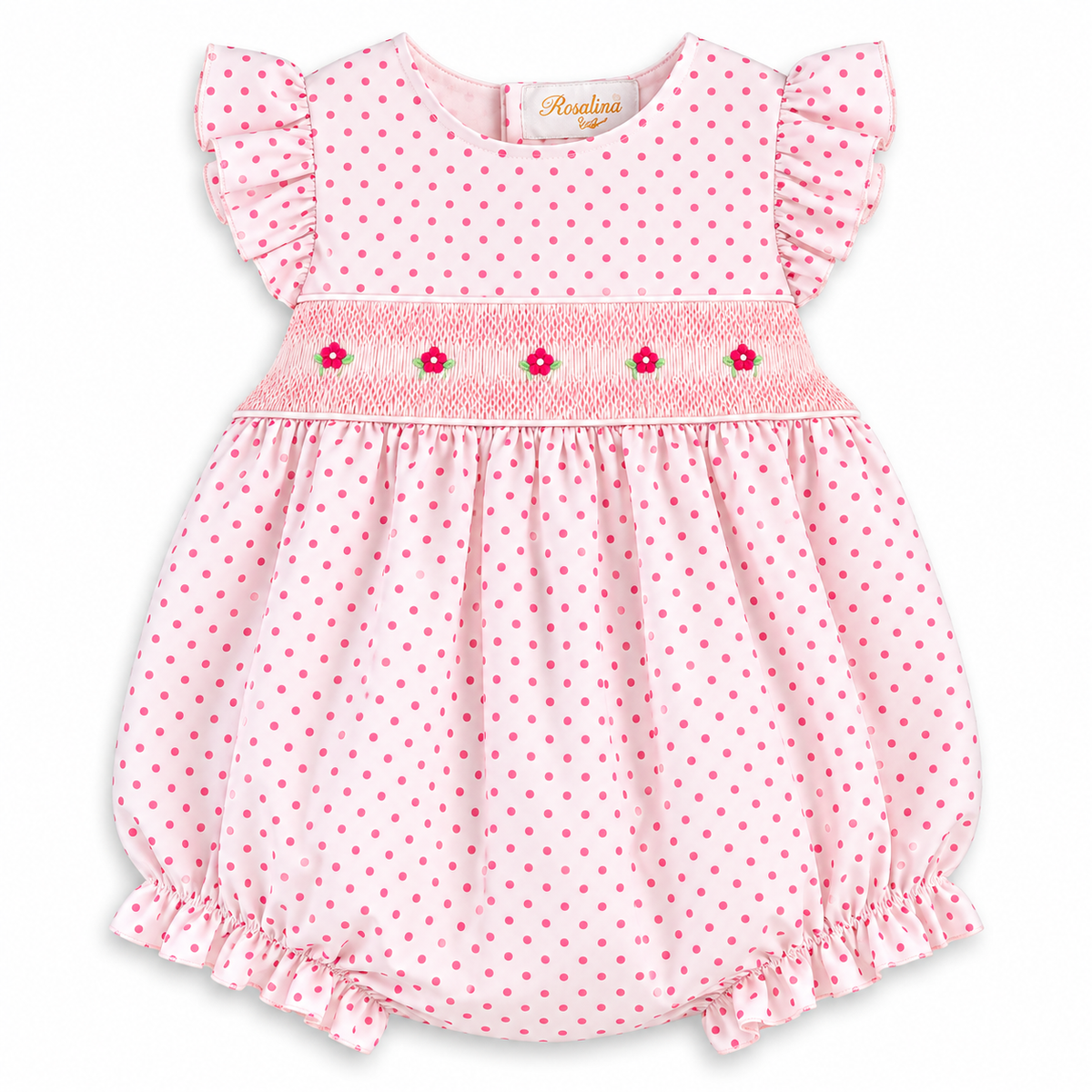 Amelia Pink Fuchsia Dot English Smocked Angel Sleeve Girl Bubble