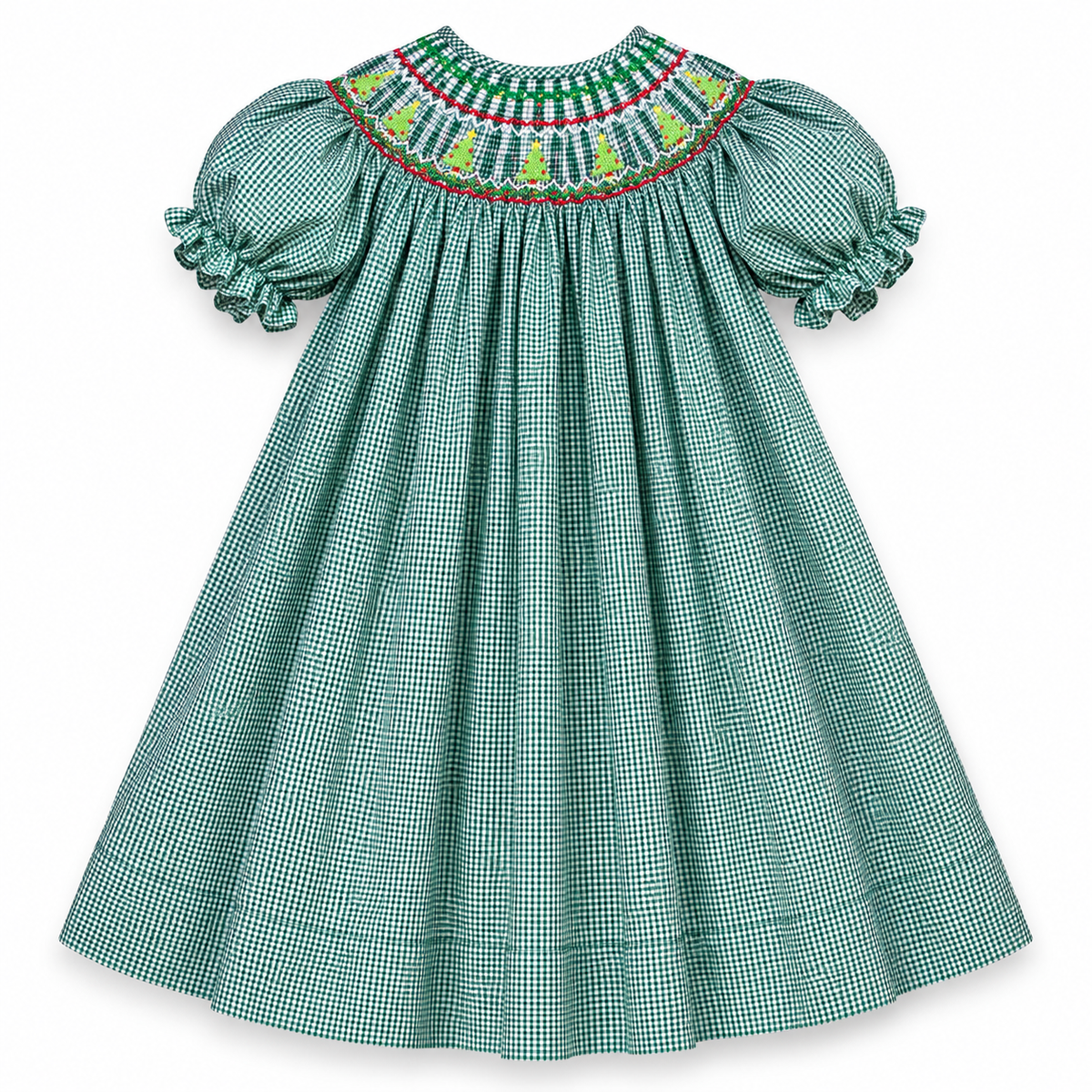 Christmas Trees Green Gingham Smocked Bishop