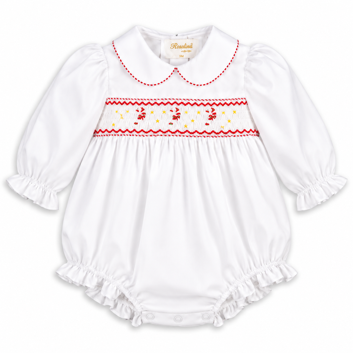 Red Striped Candy Cane Smocked White L.Sleeve Girl Bubble