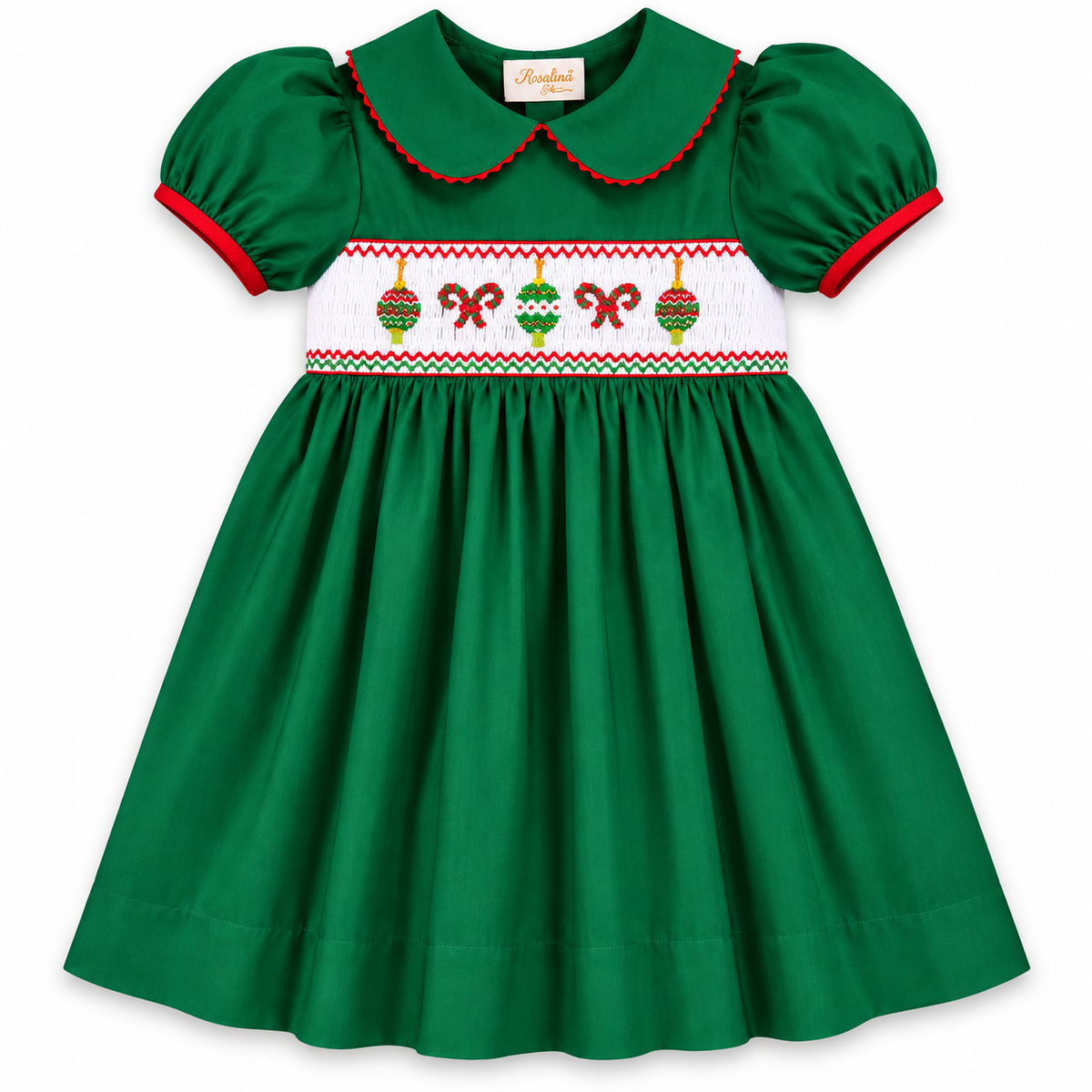 Christmas Ornaments & Candy Canes Smocked Forest Green Baby Dress w/Cap Sleeves