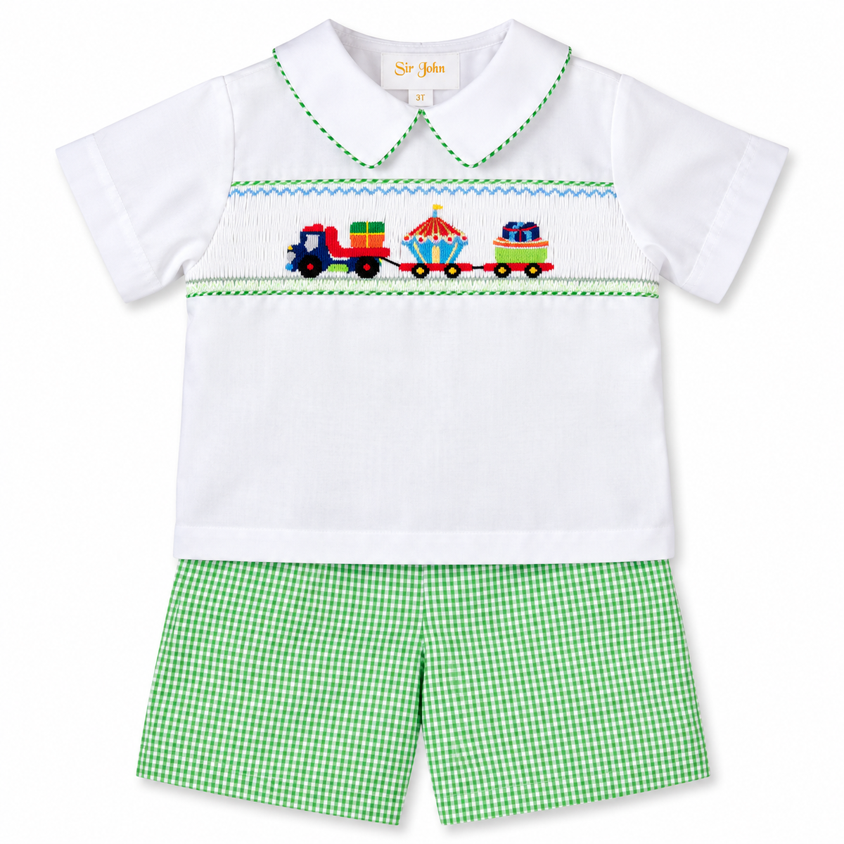 Birthday Haulin' Green Gingham Smocked Short Set
