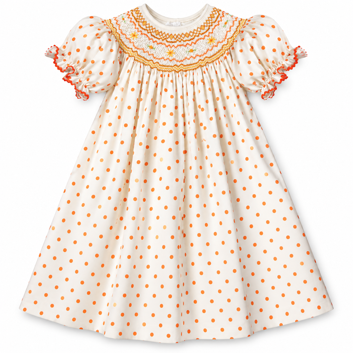 Yellow Orange Polkadot English Smocked Bishop w/RicRac