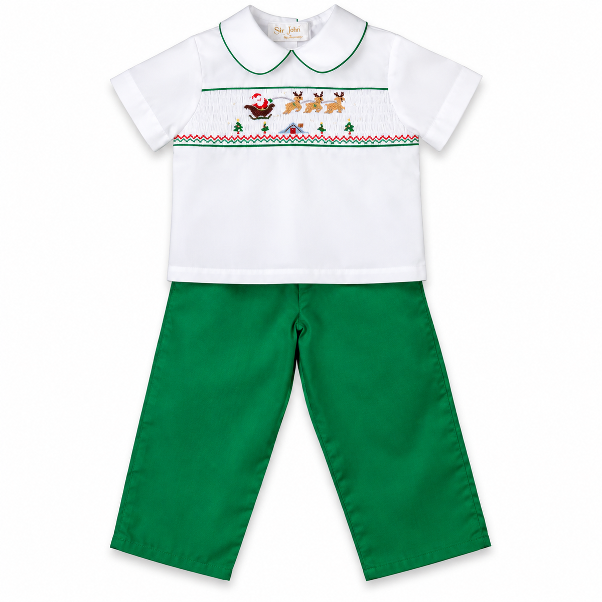 Flying Santa & Reindeer over Rooftop Smocked White Shirt & Green Pants