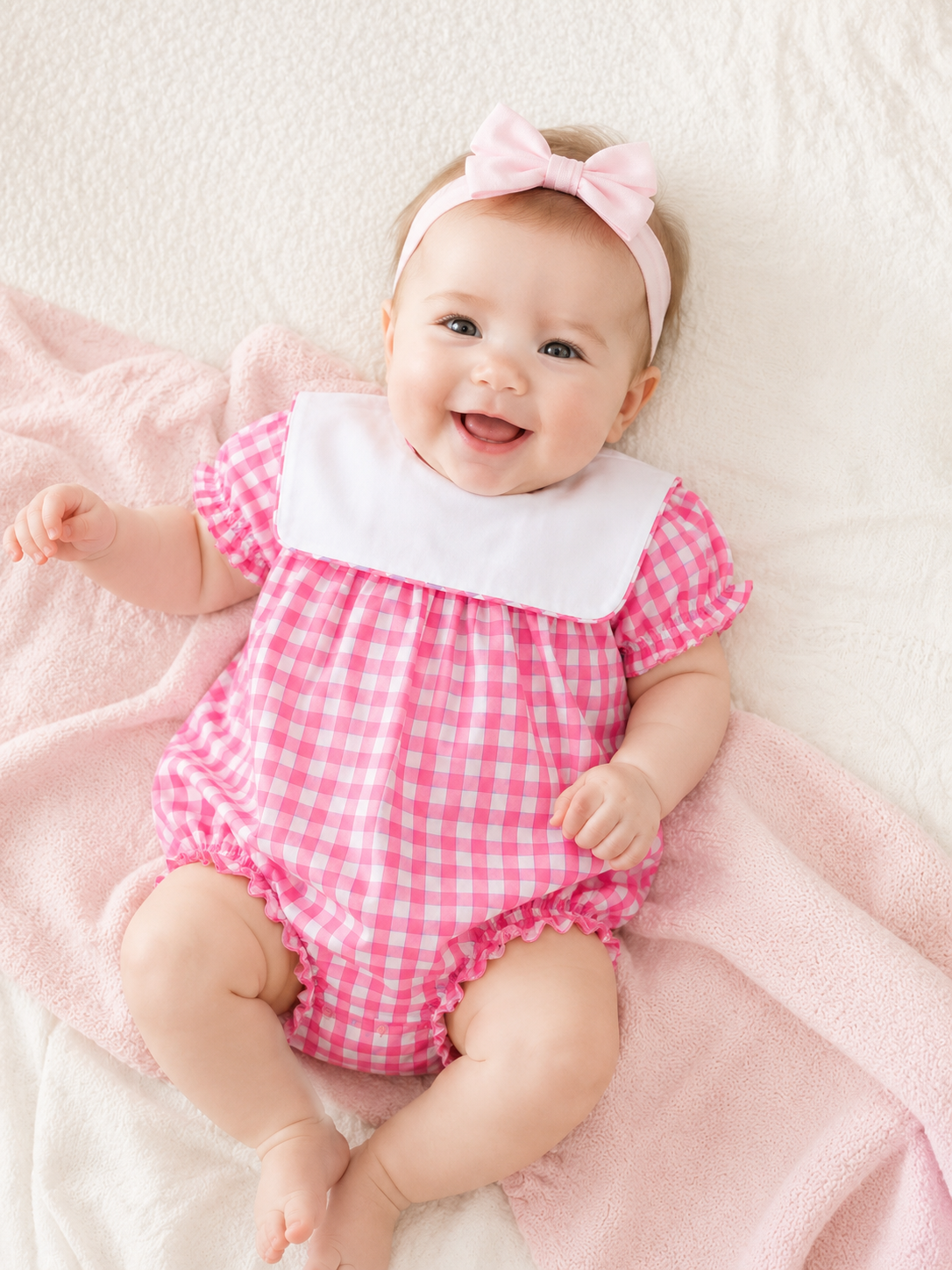 Classic Gingham Baby Bubble with White Bib Collar – Pink 10126BUG