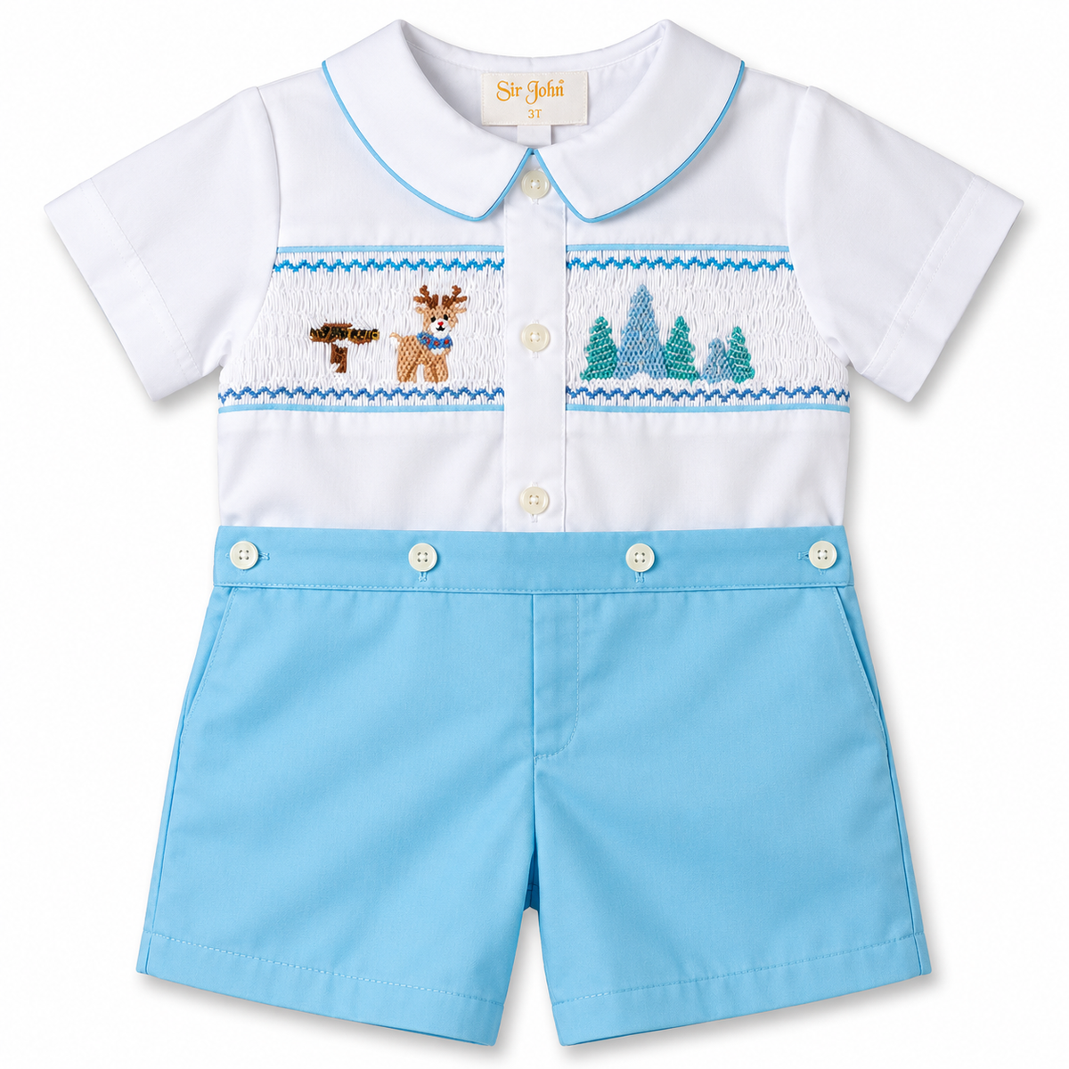 North Pole Rudolph White / Turquoise Smocked Button-On Short Set