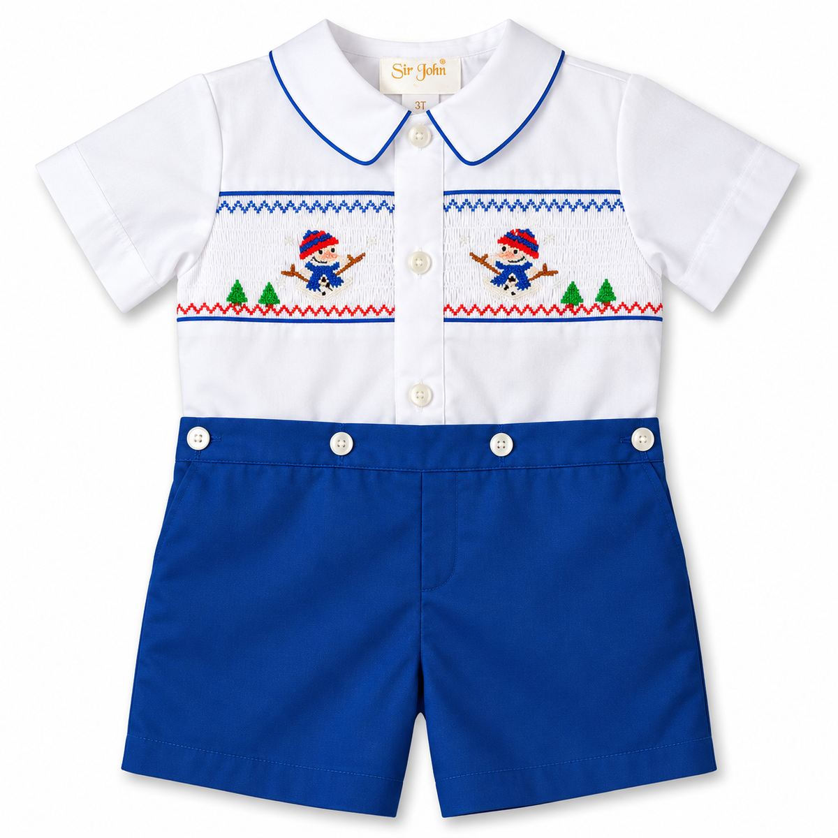 Snowman White / Royal Blue Smocked Button-On Short Set