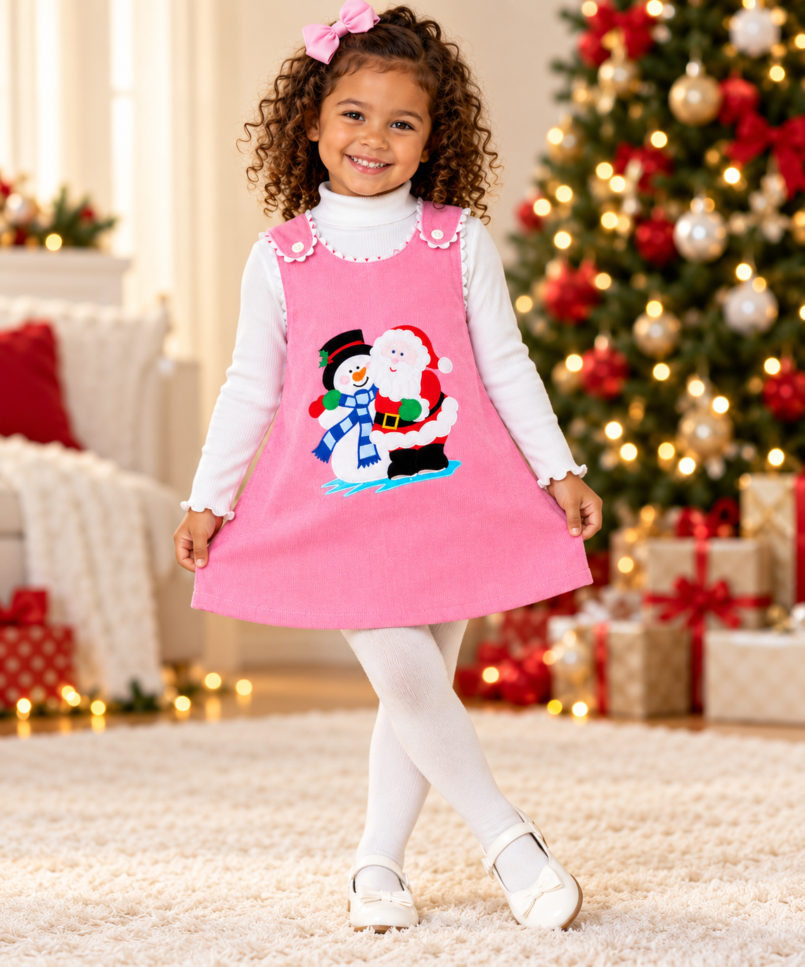 Santa & Frosty Snowman Buddies Pink Corduroy Aline with RicRac
