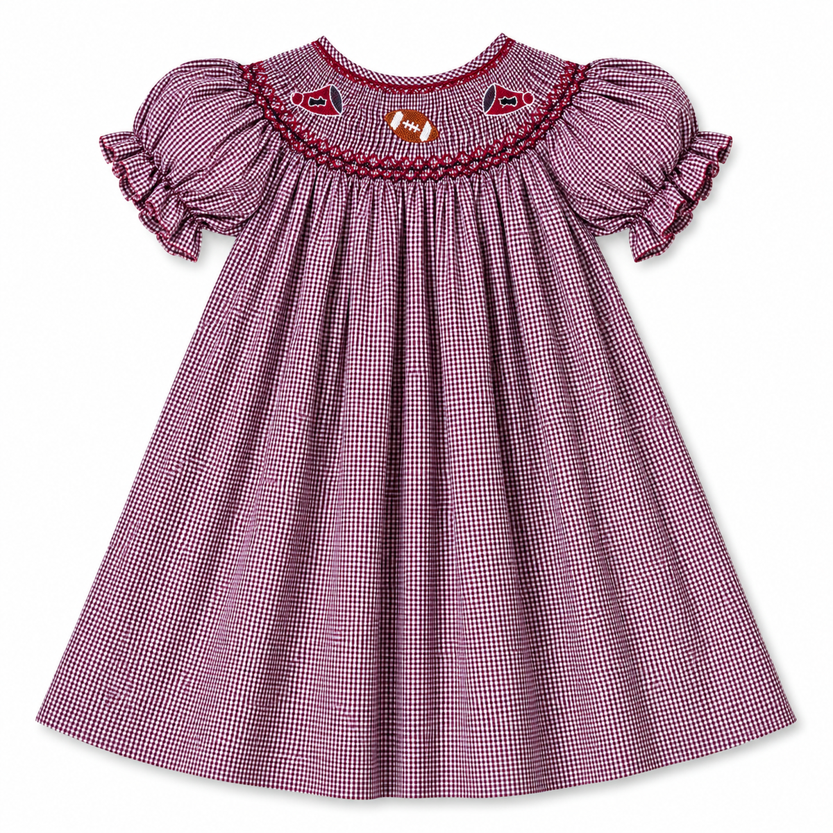 Football Maroon & White Gingham Smocked Bishop