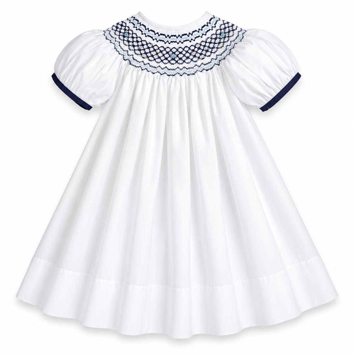 Cassidy White with Navy Blue English Smocked Bishop w/Cap Sleeves
