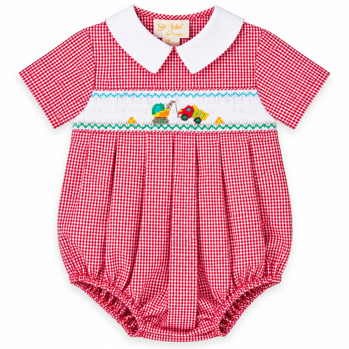Crane & Truck Red Gingham Smocked Boy Bubble