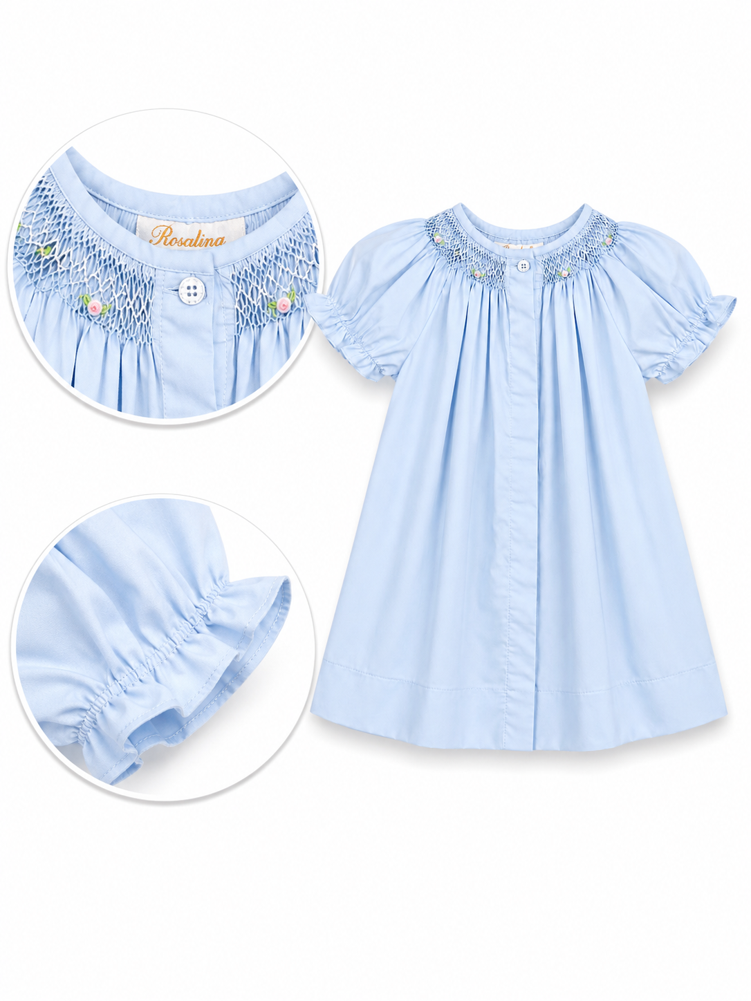 Baby Blue Floral Smocked Button-Front Bishop Dress 10116DGG