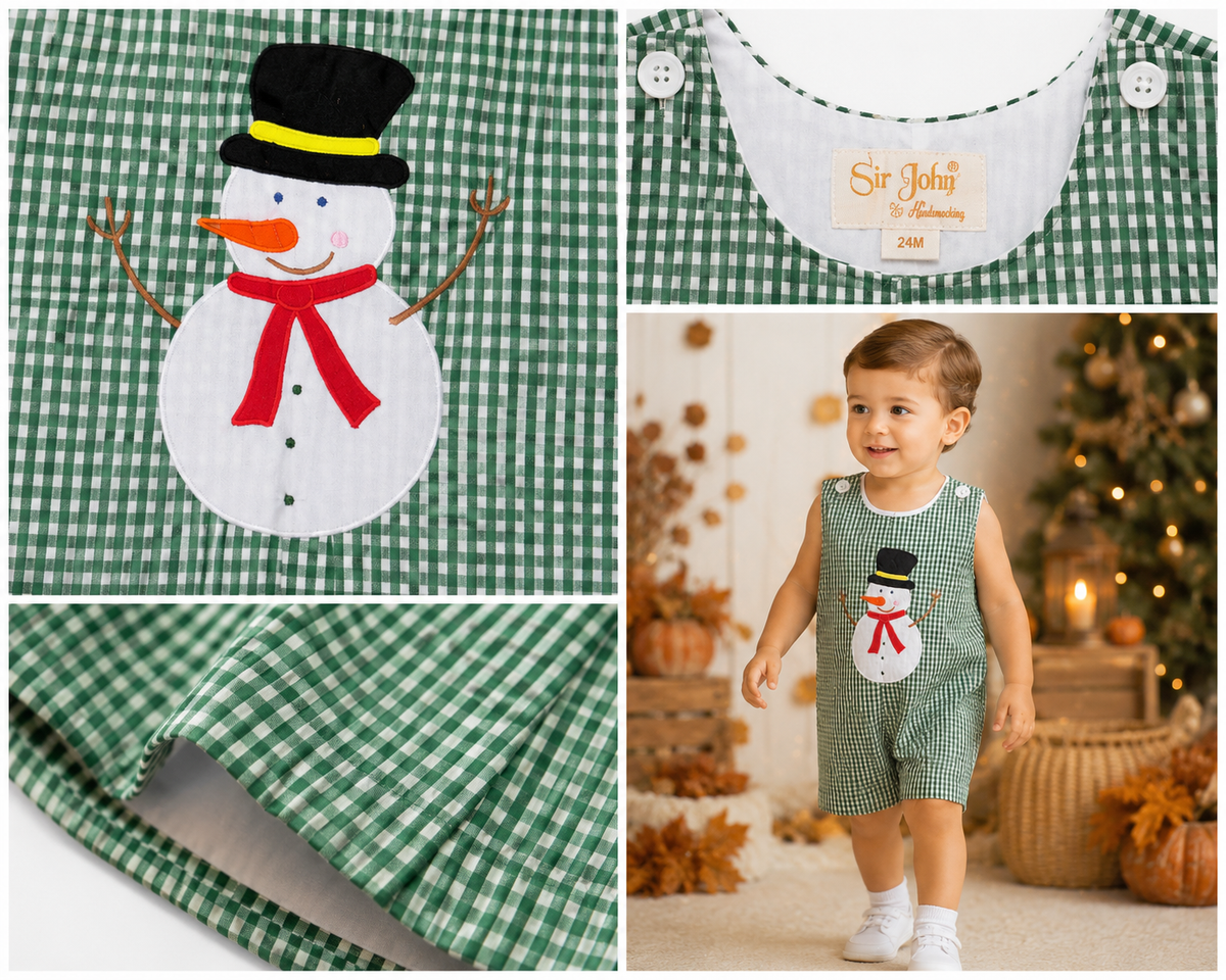 Christmas Snowman Appliqué Green Gingham Boys’ Romper #10042R