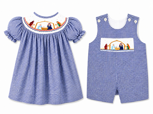 Boy Romper Nativity Smocked Navy Gingham #10043R
