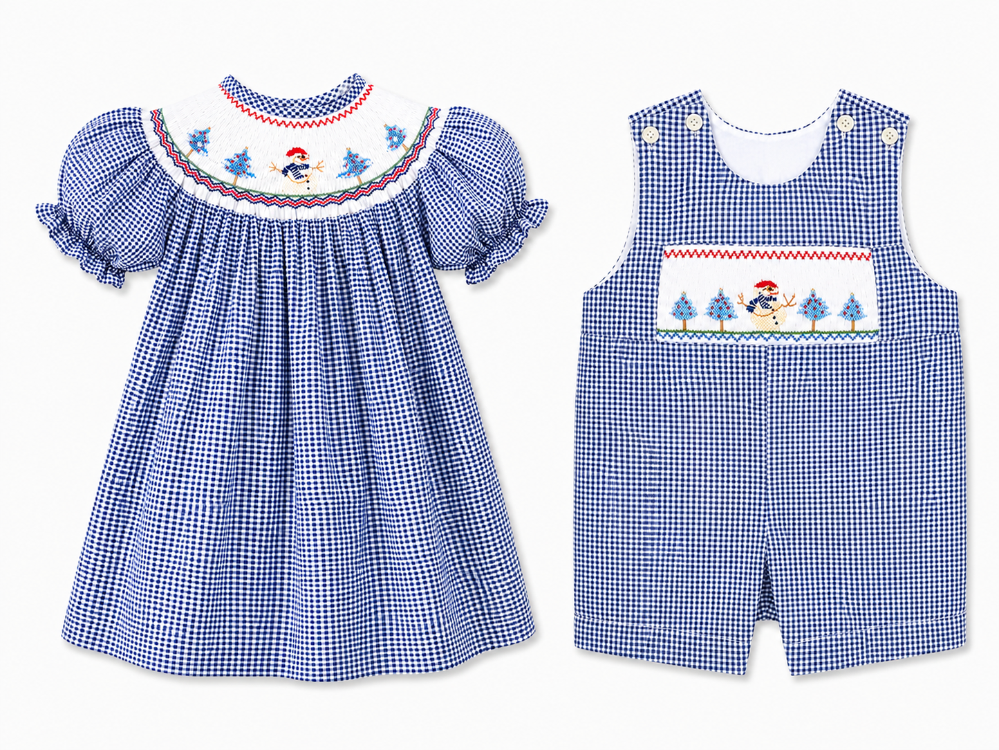 Christmas Snowman Smocked Navy Gingham Bishop Dress #10044A