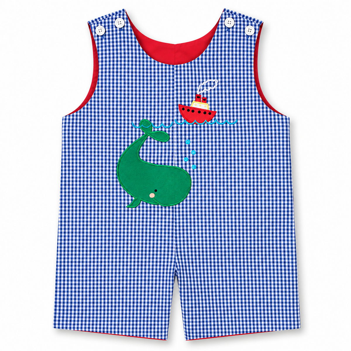 Green Whale Royal Blue Gingham Reversible Romper