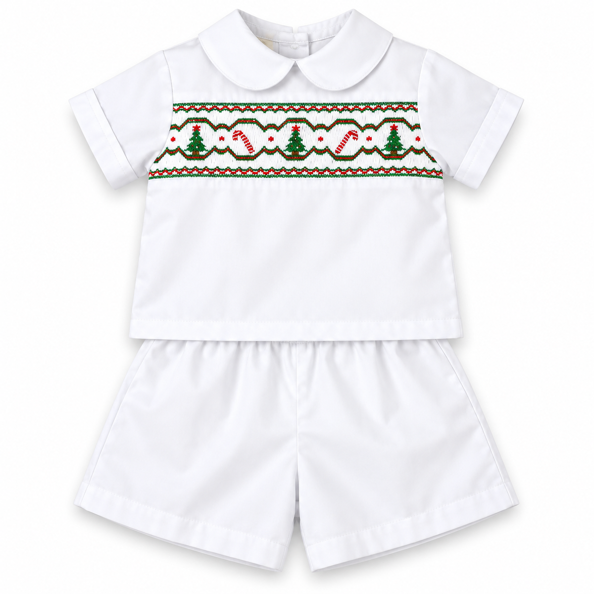 Christmas Trees & Candy Canes White Smocked Short Set