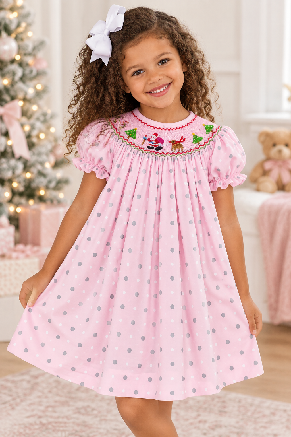 Santa & Reindeer Pink Multi Dot Smocked Bishop