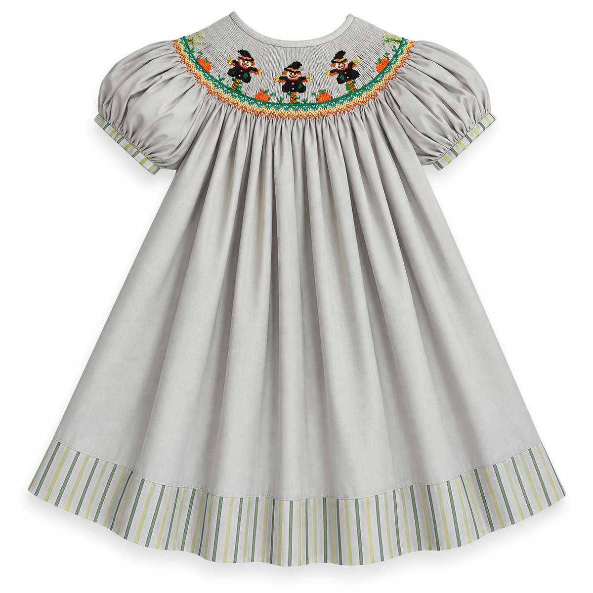 Scarecrows Grey Khaki Smocked Bishop with Striped Hem and Cap Sleeves