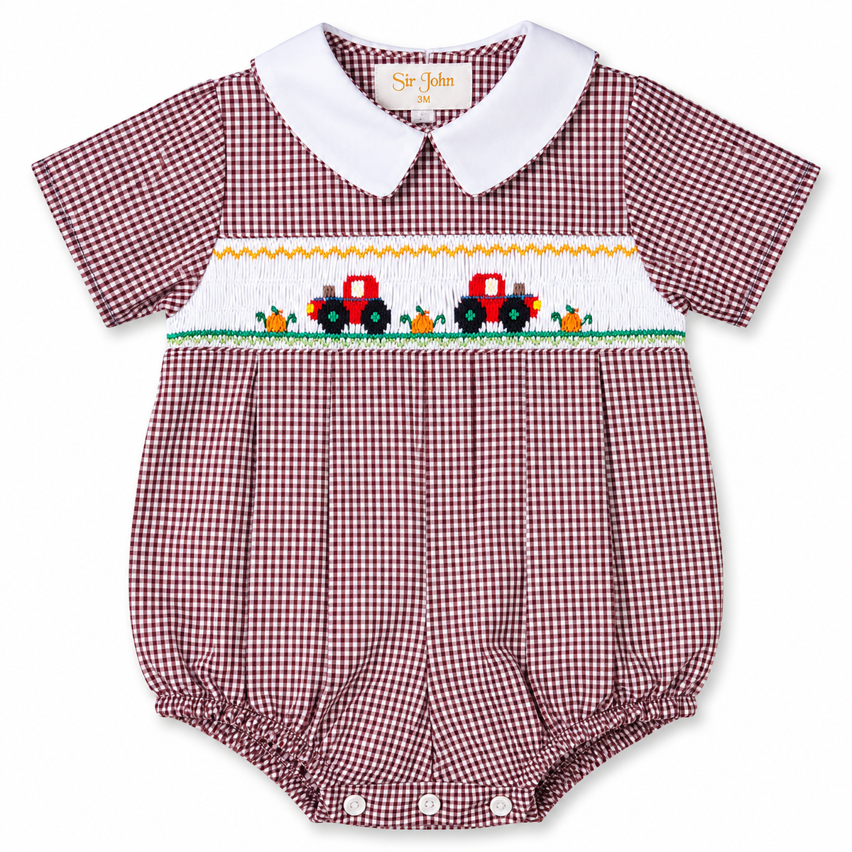 Autumn Tractor Brown Gingham Smocked Boy Bubble