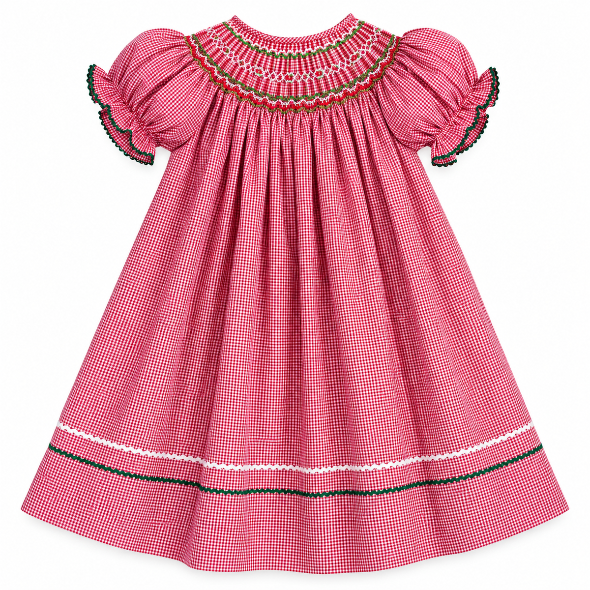 Jesse Red Gingham English Smocked Bishop w/RicRac