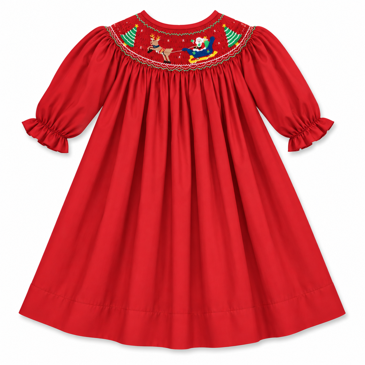 Santa Sleigh & Rudolph Reindeer Red Smocked 3/4 Sleeve Bishop