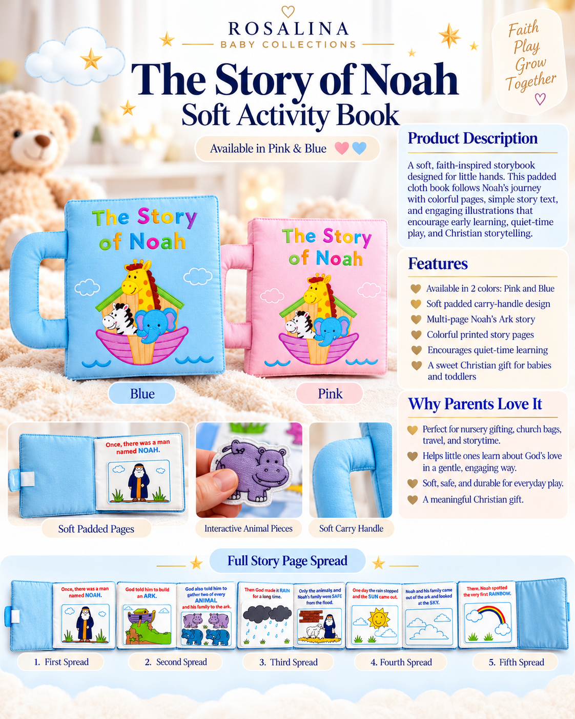 The Story of Noah Soft Cloth Bible Activity Book | Pink or Blue|