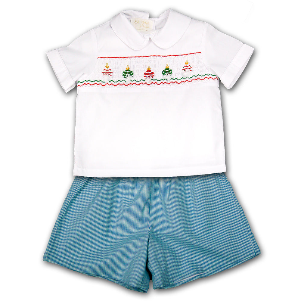 Christmas Ornament White Aqua Gingham Smocked Short Set 07H 2646 SS