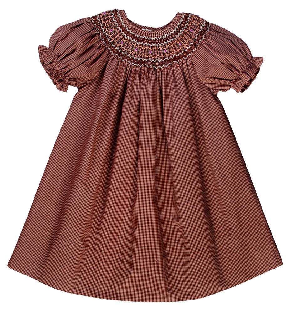 Girl Brown Gingham English Smocked Bishop 10F 3477A