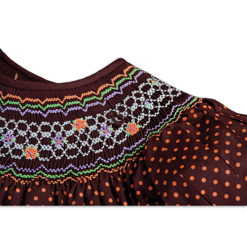 Orange Polkadot Brown English Smocked Bishop with Removable Bow 15F 5674 A