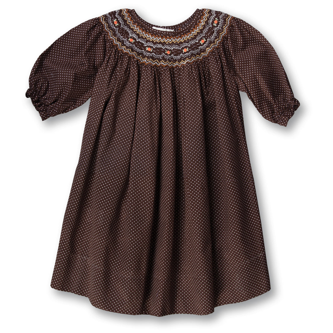 Dark Brown 3/4 Sleeve Dotted English Smocked Bishop 17F 5828 B